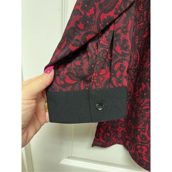 Catherine’s Red & Black Lace Print Button Down Tab Sleeve Top sz 2X - Picture 4 of 8